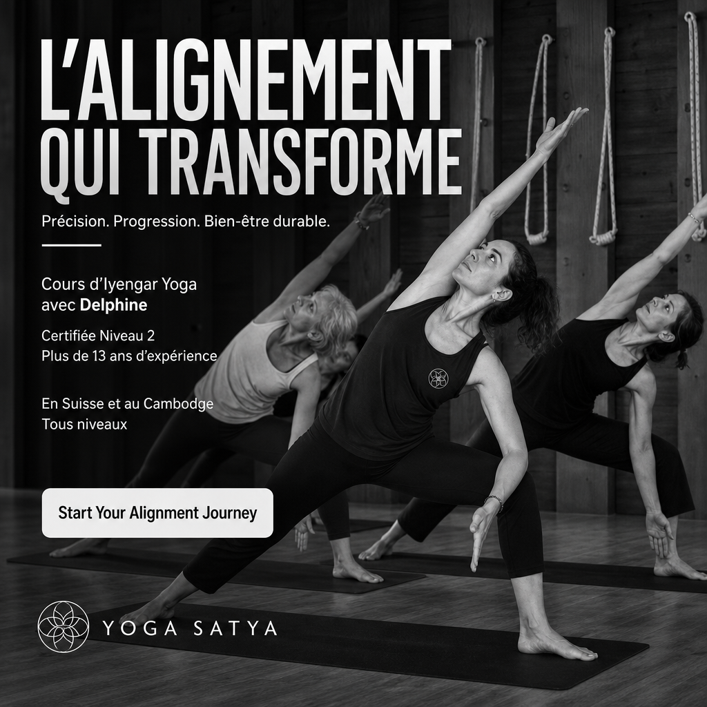 Iyengar Yoga teacher demonstrating an aligned standing posture in a bright studio.